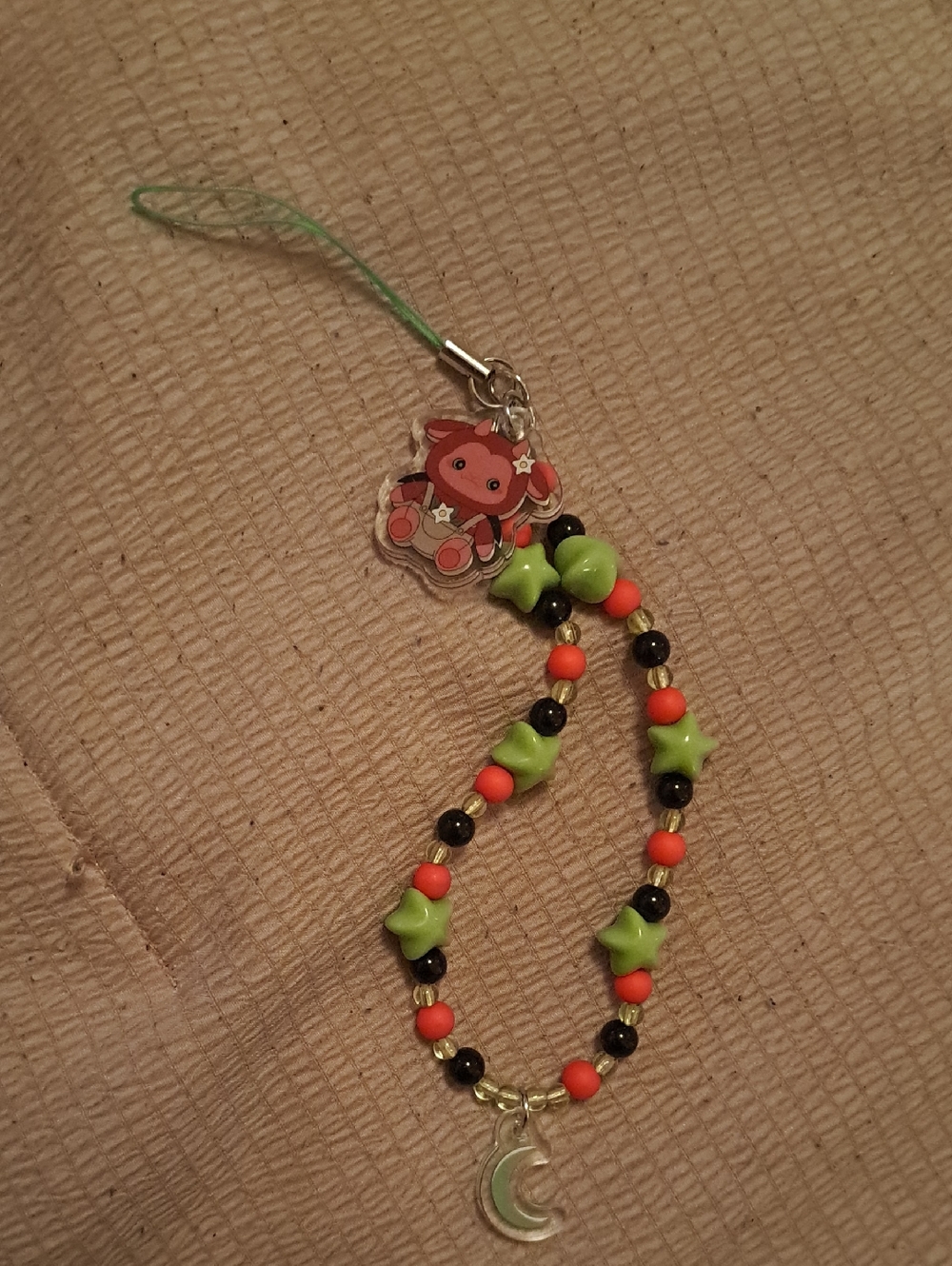 Cute Star Bead Phone Charm with Crescent Moon - Green & Coral